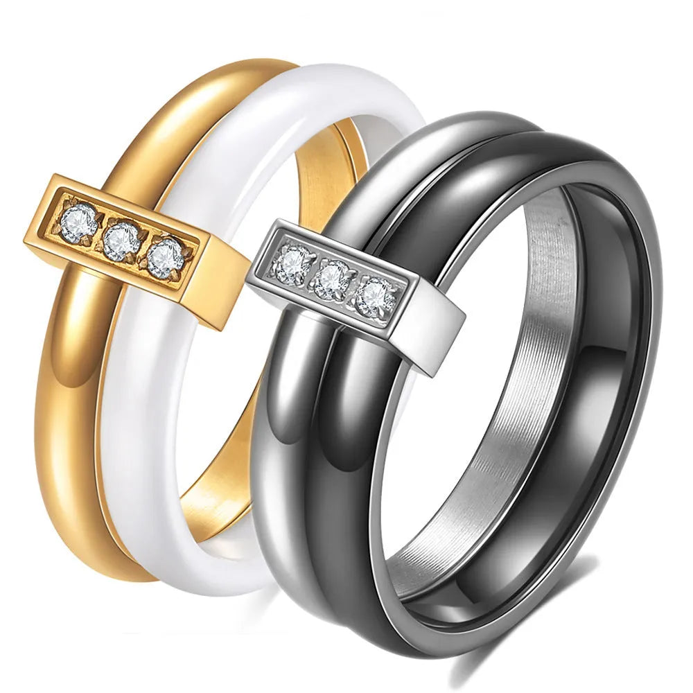 Glossy ceramic ring with zirconium stitching in geometric round shape, steel black colour option