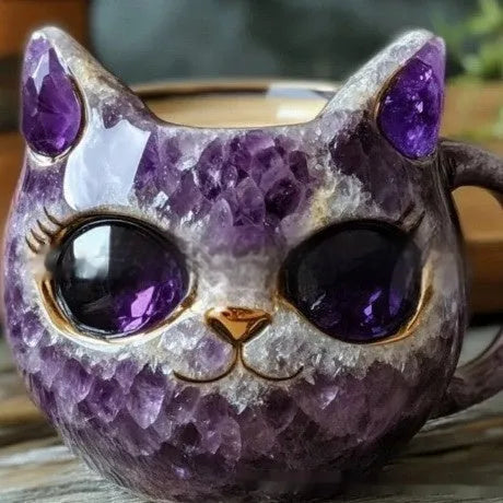 Purple handmade resin geode mug with crystal design and cat figurine, 11cm tall.