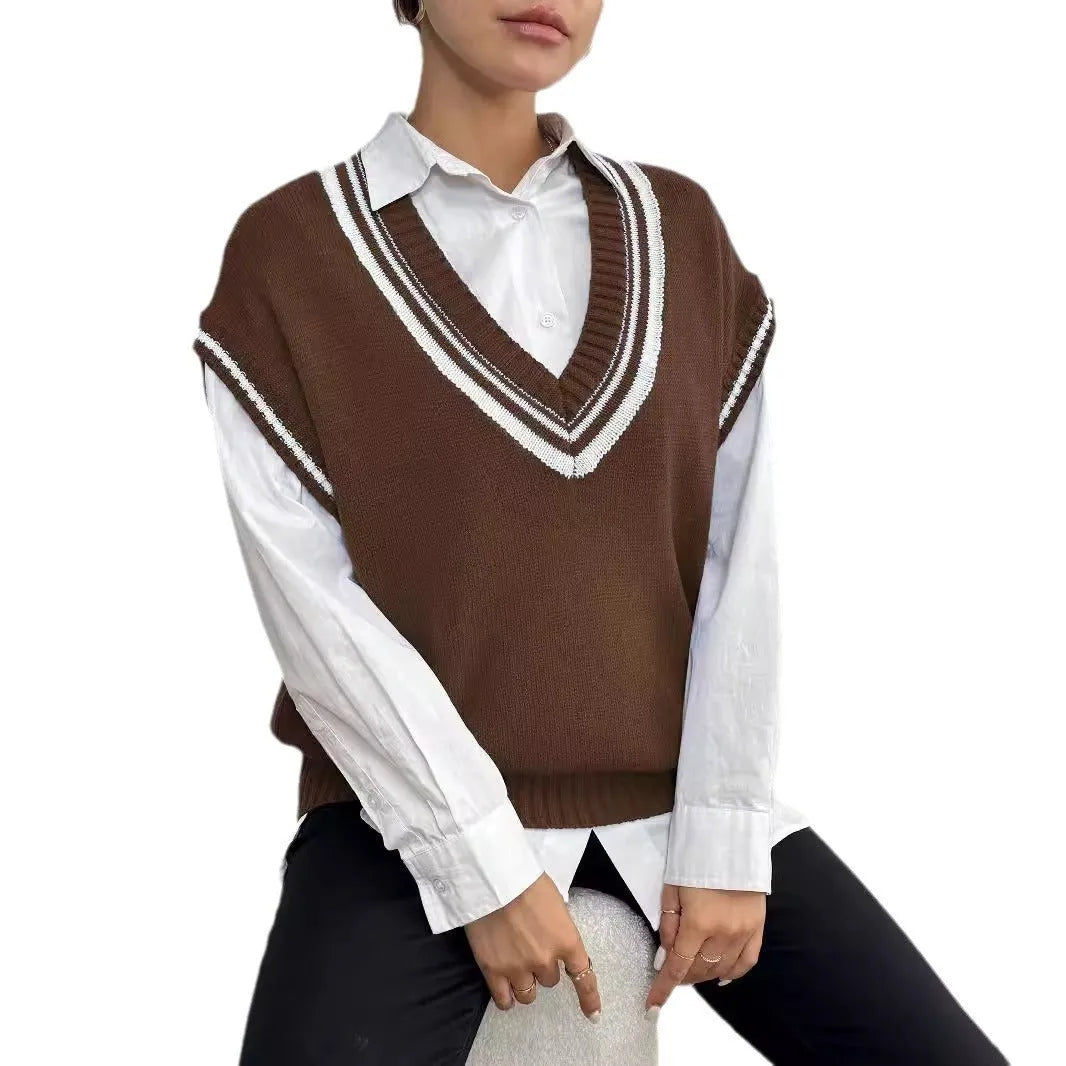 Loose-fitting women's vest sweater in a wool blend, shown in coffee, blue, and black colours.