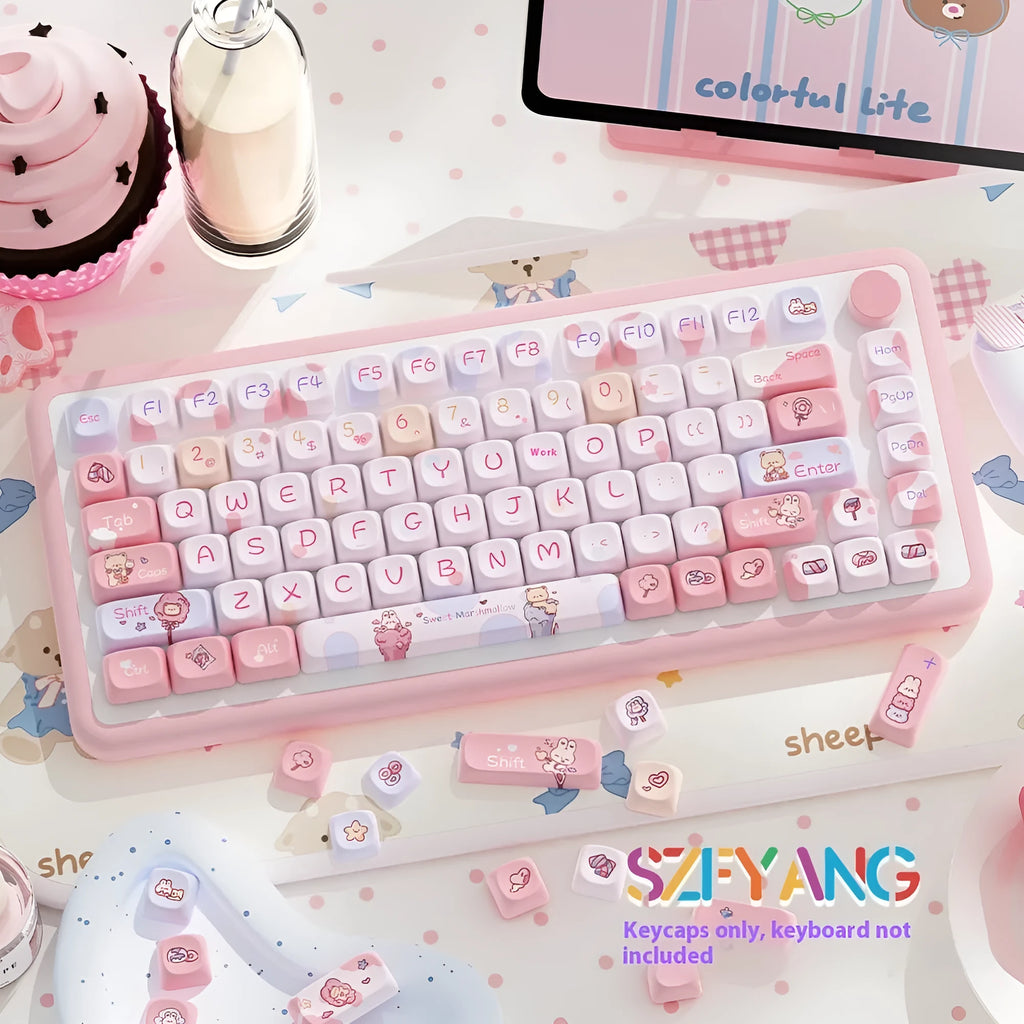 Sweet Cotton Candy coloured PBT keycap set for mechanical keyboards laid out in pink and blue pastel tones.
