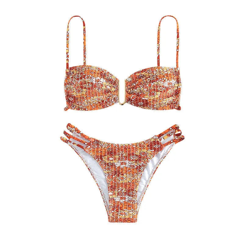 Women's floral bikini swimsuit in blue colour with high-waisted briefs style and nylon lining