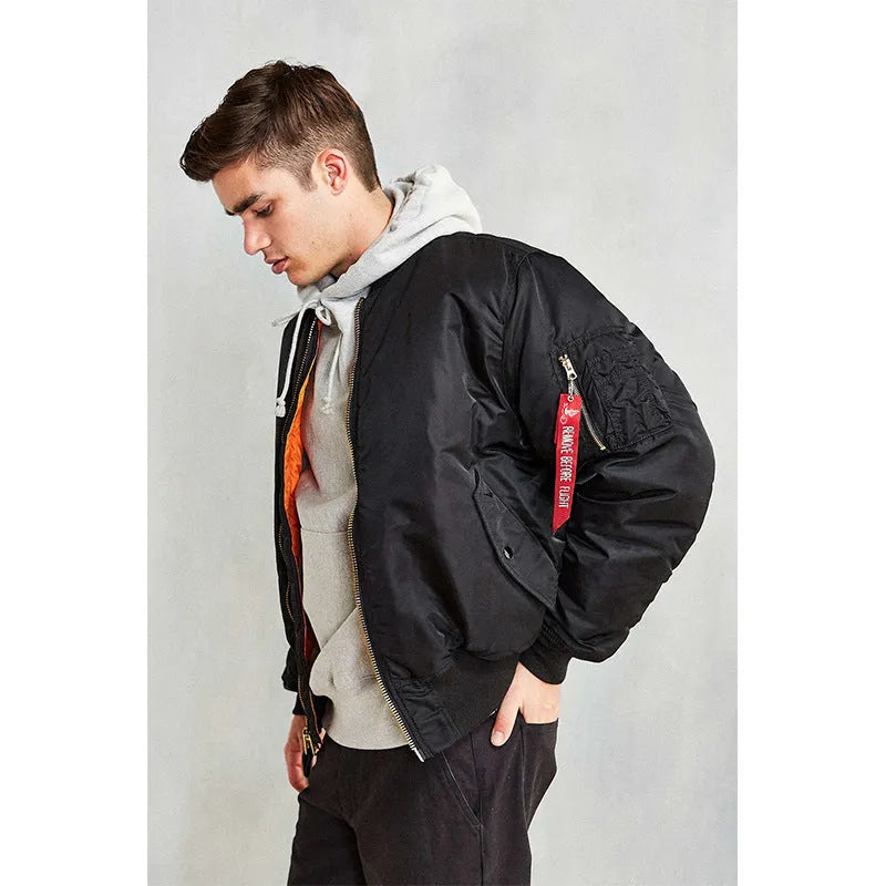 Men's Army Green loose fit cotton-padded pilot jacket with workwear styling on a hanger.
