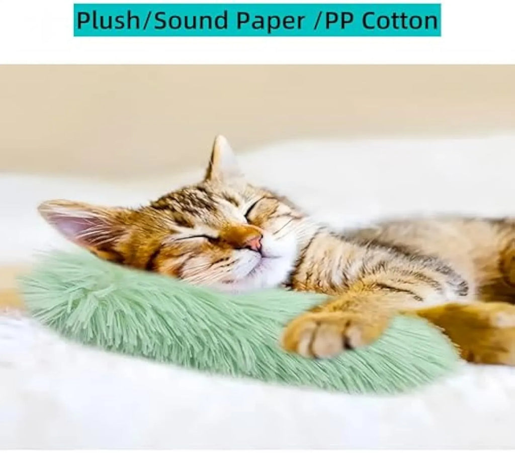 Plush cat pillows in various colours with natural catnip filling and crinkle sound features for interactive cat play