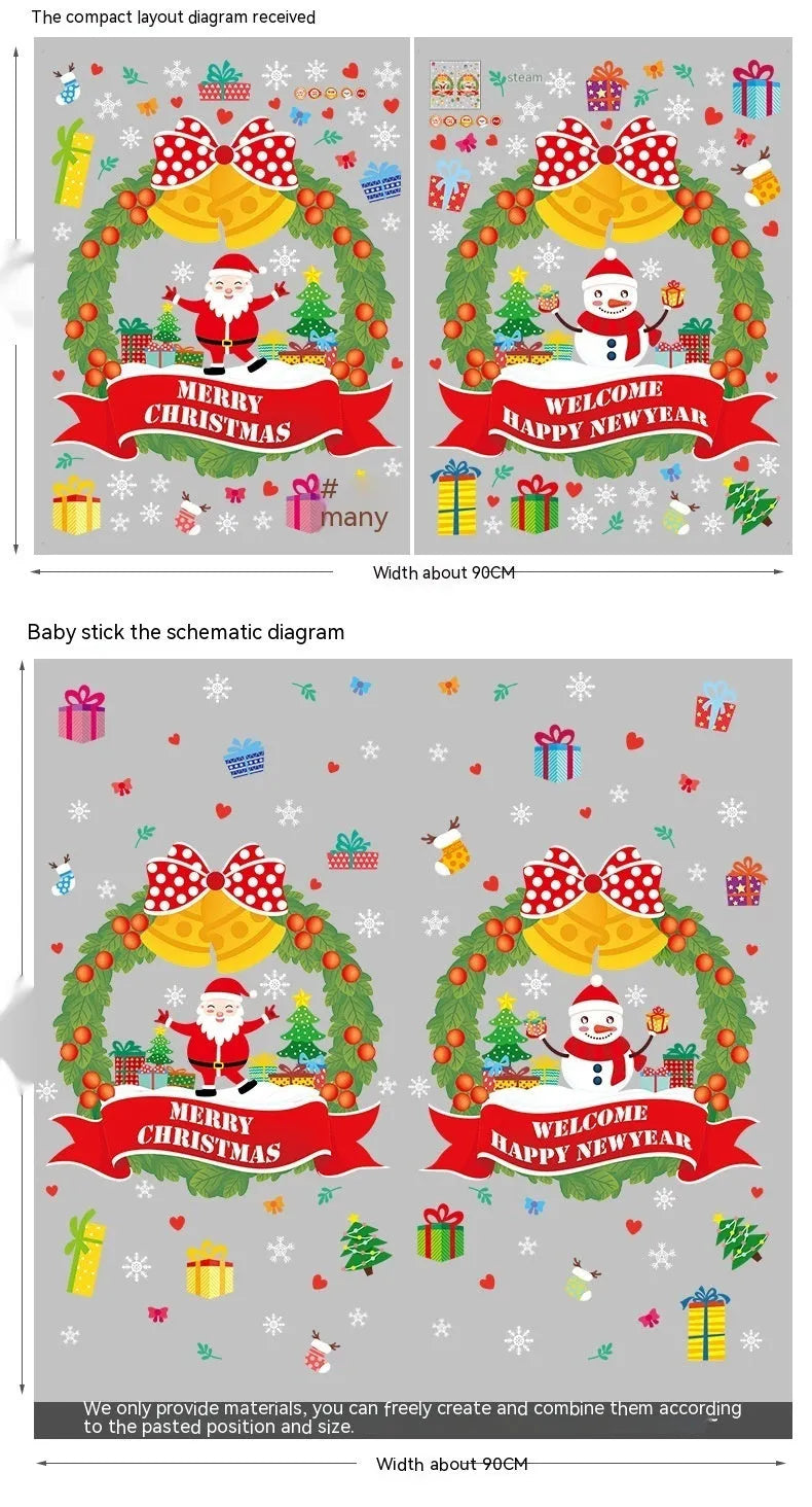 Large colourful cartoon Christmas static wall stickers for glass windows, 60x45cm PVC non-adhesive decorations