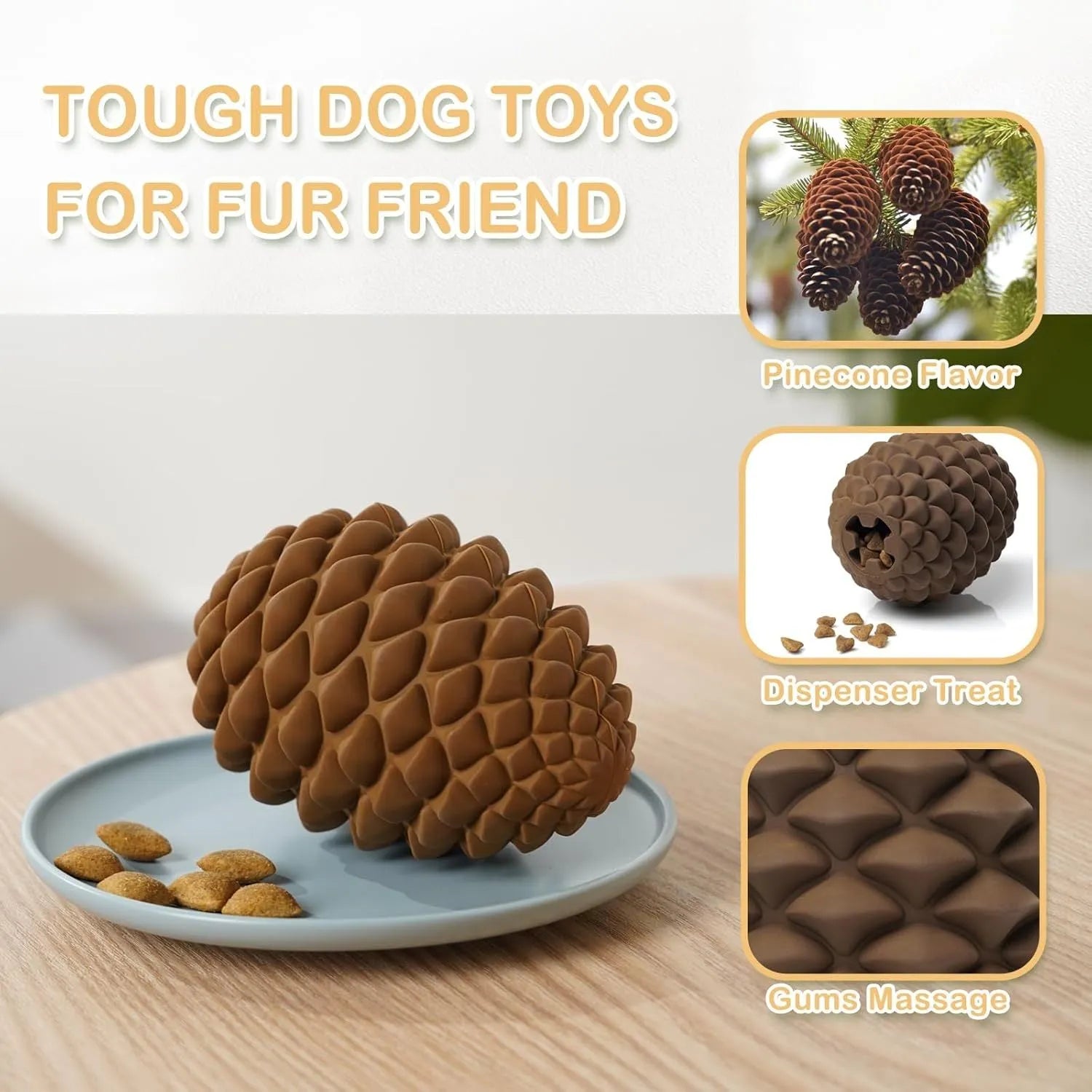 Yellow natural rubber pine cone dog toy with treat dispenser for medium to large breed dogs