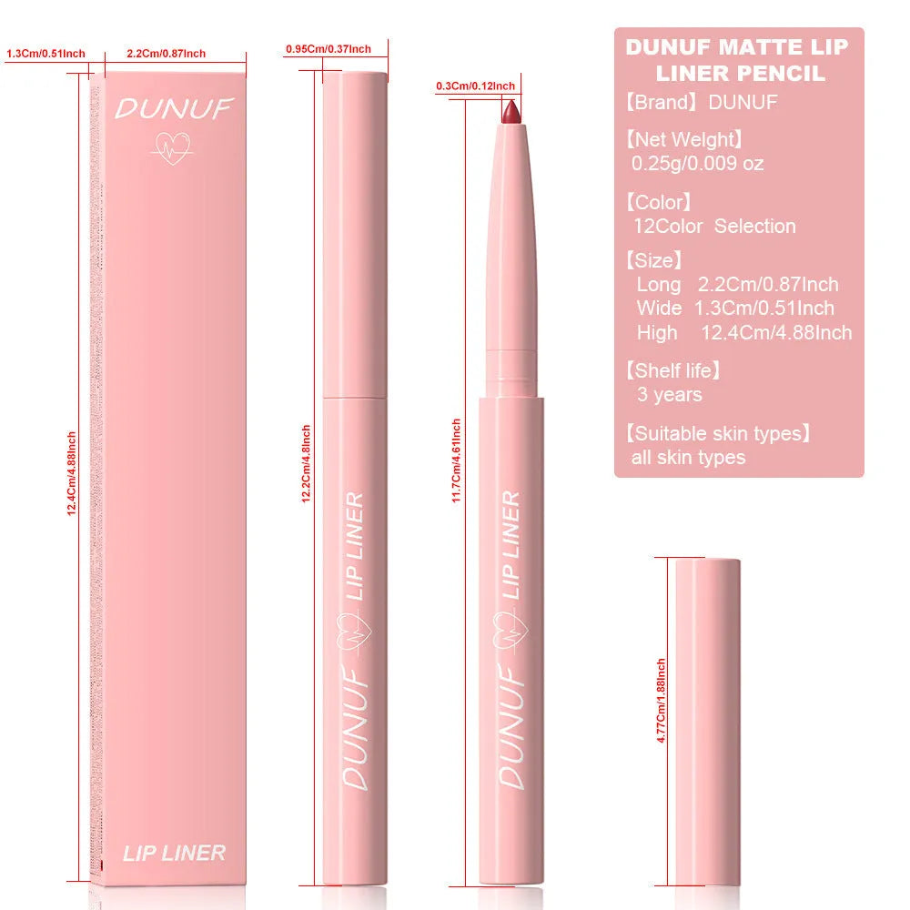 Velvet matte lip liner pencil in a case, shown with swatches of 12 different colours.