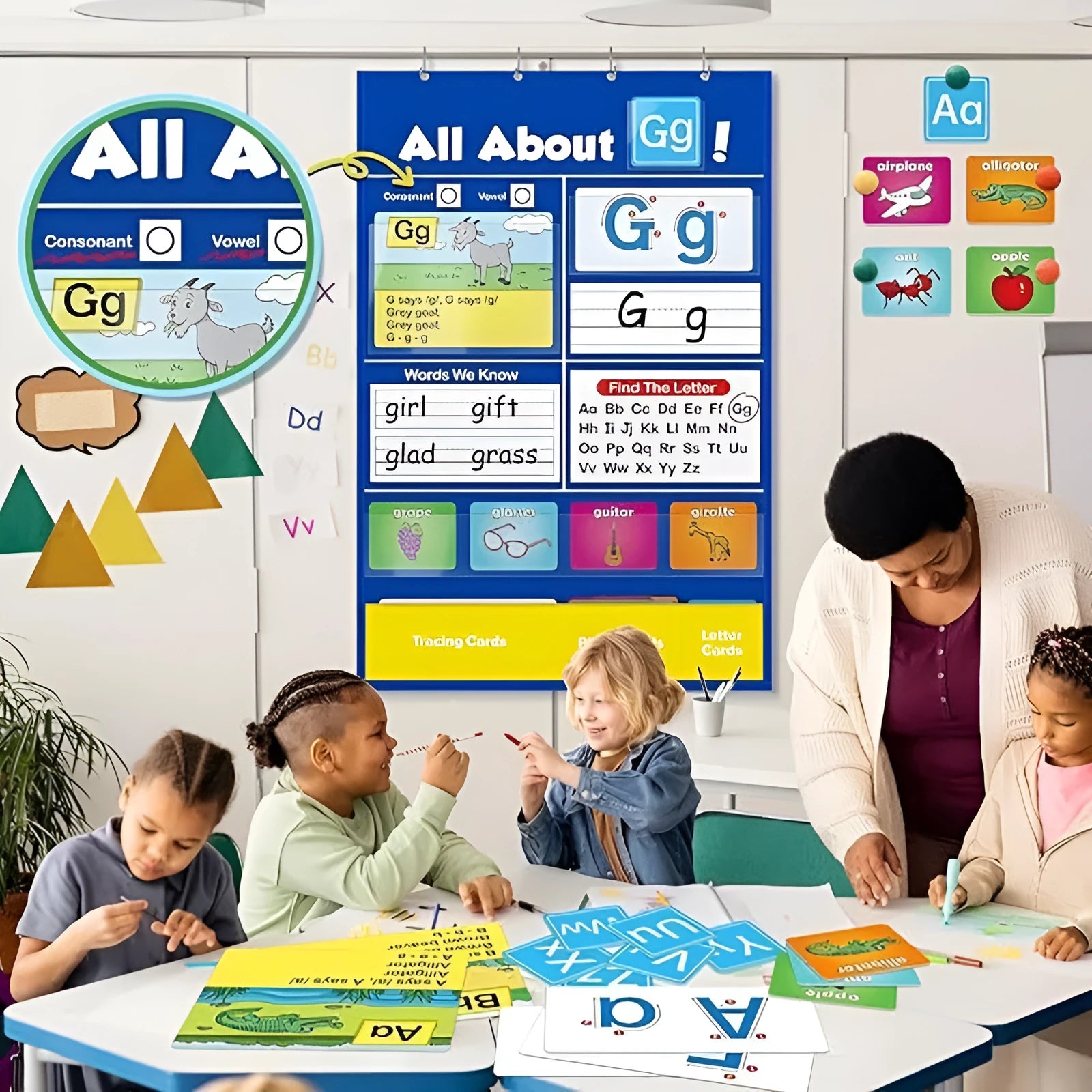 Alphabet learning wall chart measuring 60x40cm with sets of word, letter, picture, and song cards.