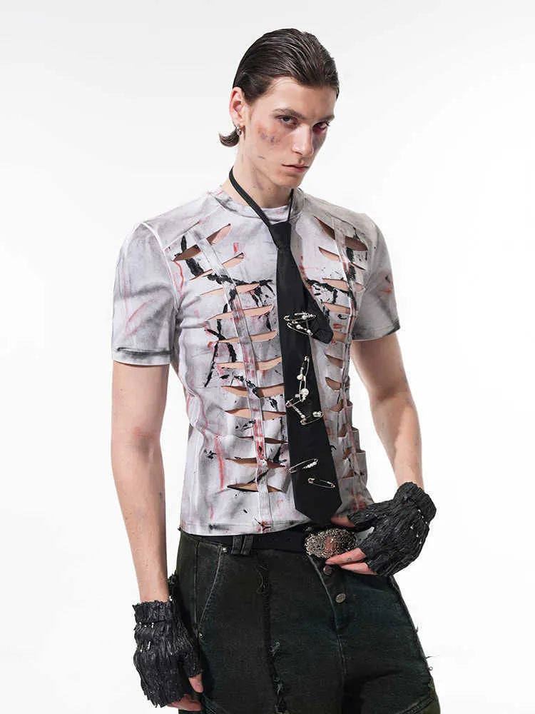 White men's cut hollow-out tight stretch cotton short sleeve round neck T-shirt