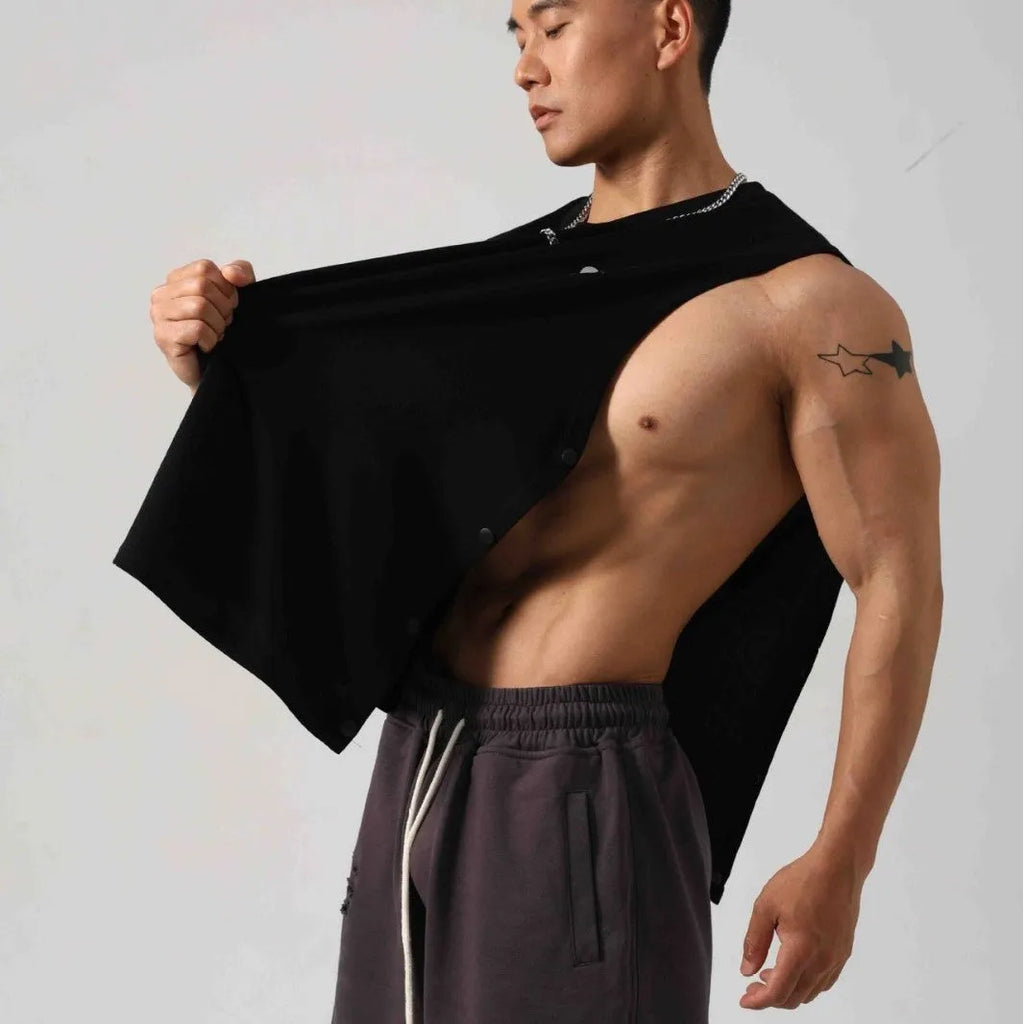 Men's black Korean style loose cotton fitness vest showing hidden hook side detail