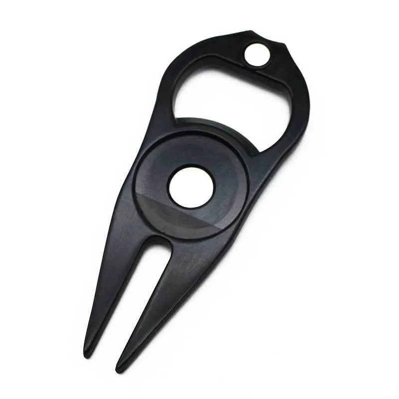 Zinc alloy golf ball marking fork with bottle opener in green, black, or silver colour options