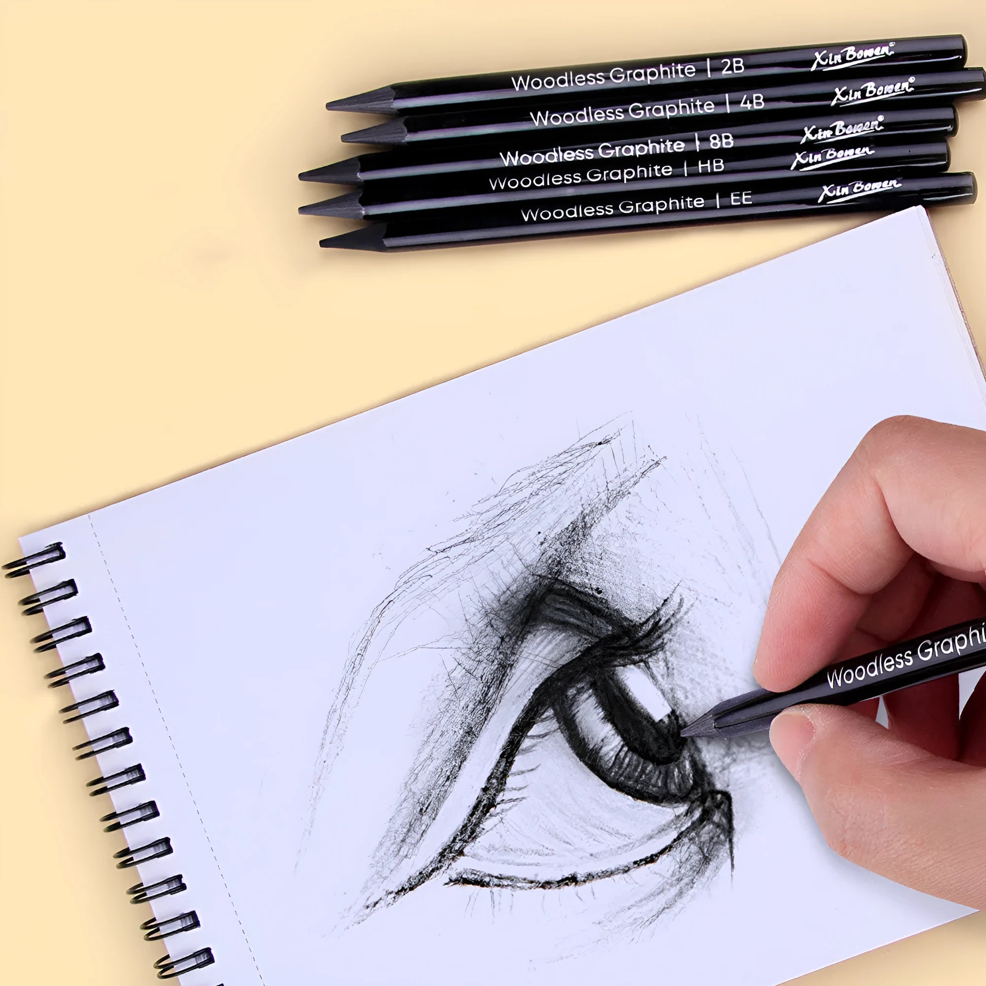 Six graphite sketching pencils with different lead grades in wood-free construction
