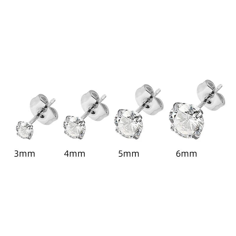 Square geometric stainless steel stud earrings with round zircon stone in gold or steel colour on a white background.