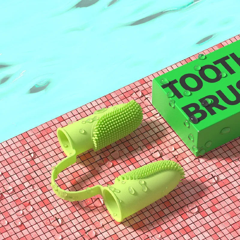 Pet double finger toothbrush in TPR material pink blue green grass yellow for teeth cleaning and gum care