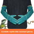 Multi-function anti-bite safety gloves made of thickened cowhide leather, dark green, with extended barrel cuffs for animal handling.