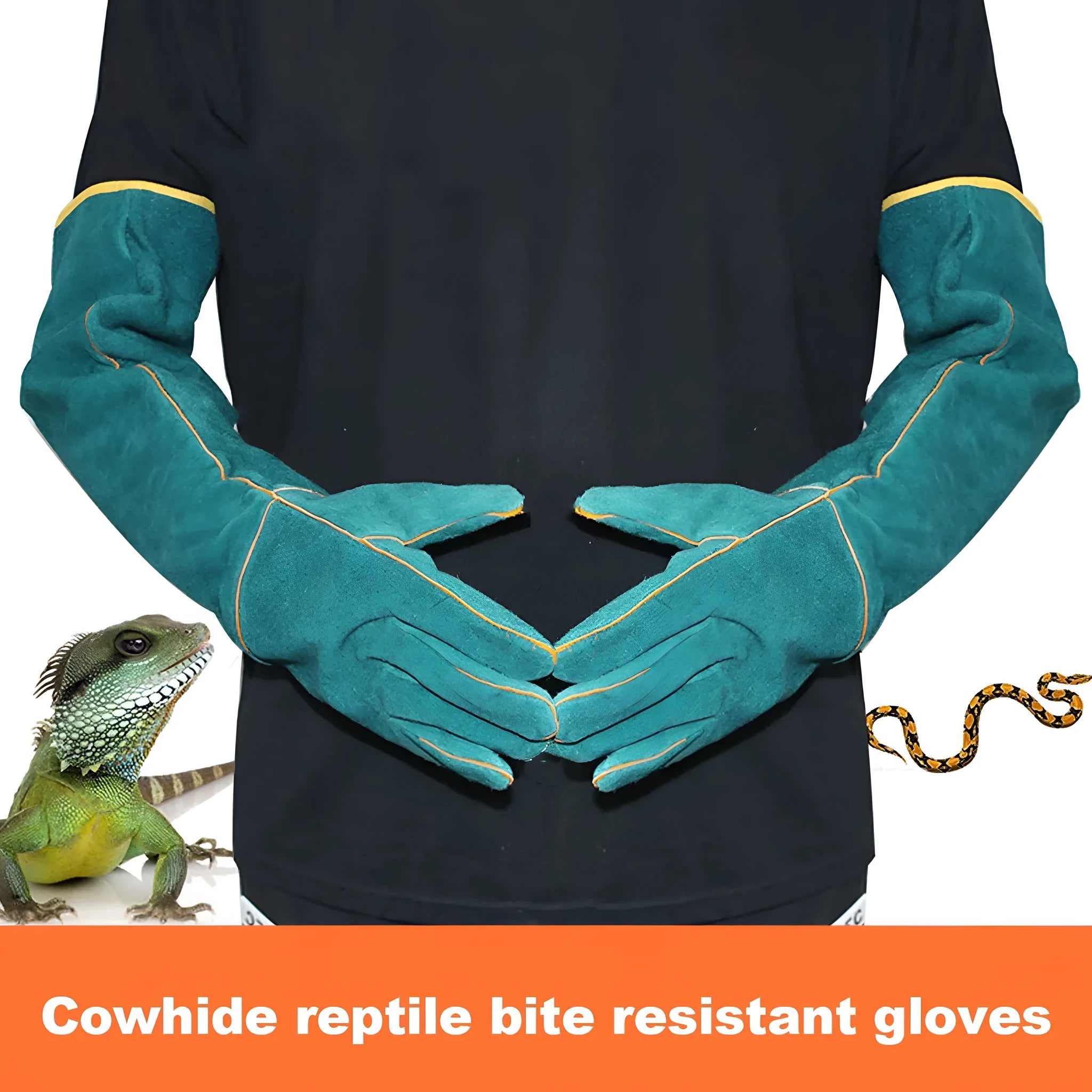 Multi-function anti-bite safety gloves made of thickened cowhide leather, dark green, with extended barrel cuffs for animal handling.