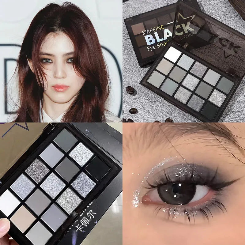Open 15-colour eyeshadow palette showing matte grey, black, brown, and blue earth tones.