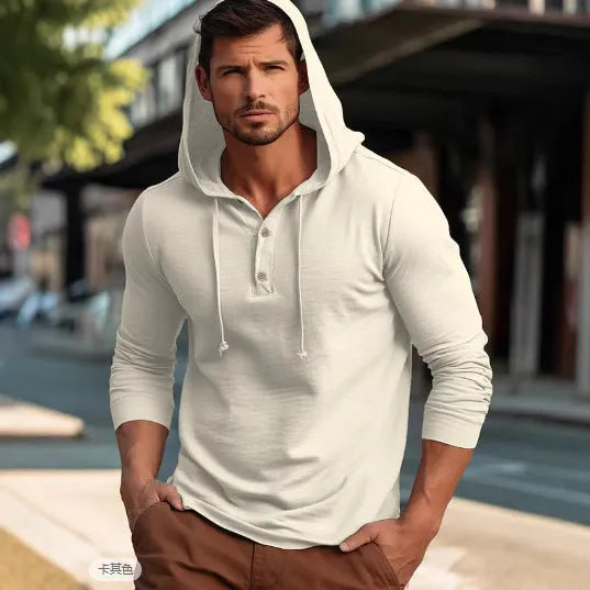 Cotton pullover hoodie top in one of six colours: dark blue, apricot, black, blue, white, or light green.