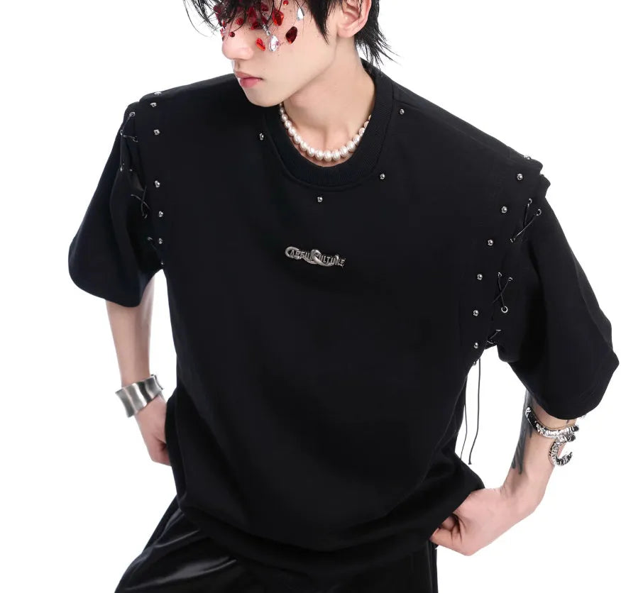 Niche deconstruction lace-up cutout short sleeve T-shirt in black or white cotton-polyester blend