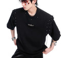 Niche deconstruction lace-up cutout short sleeve T-shirt in black or white cotton-polyester blend