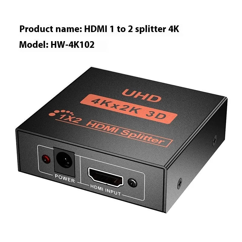 HDMI splitter device with one input and two output ports, USB power cable, and international plug adapters.