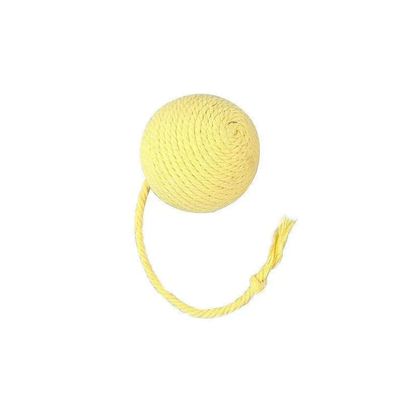Colourful cat toy ball with an attached rope, shown in green, pink, purple, and yellow with 6cm and 3cm size options.