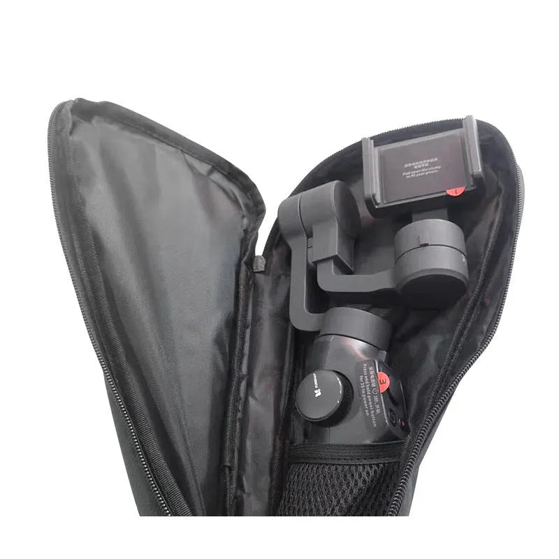Black cloth storage bag for a mobile phone stabiliser and camera accessories.