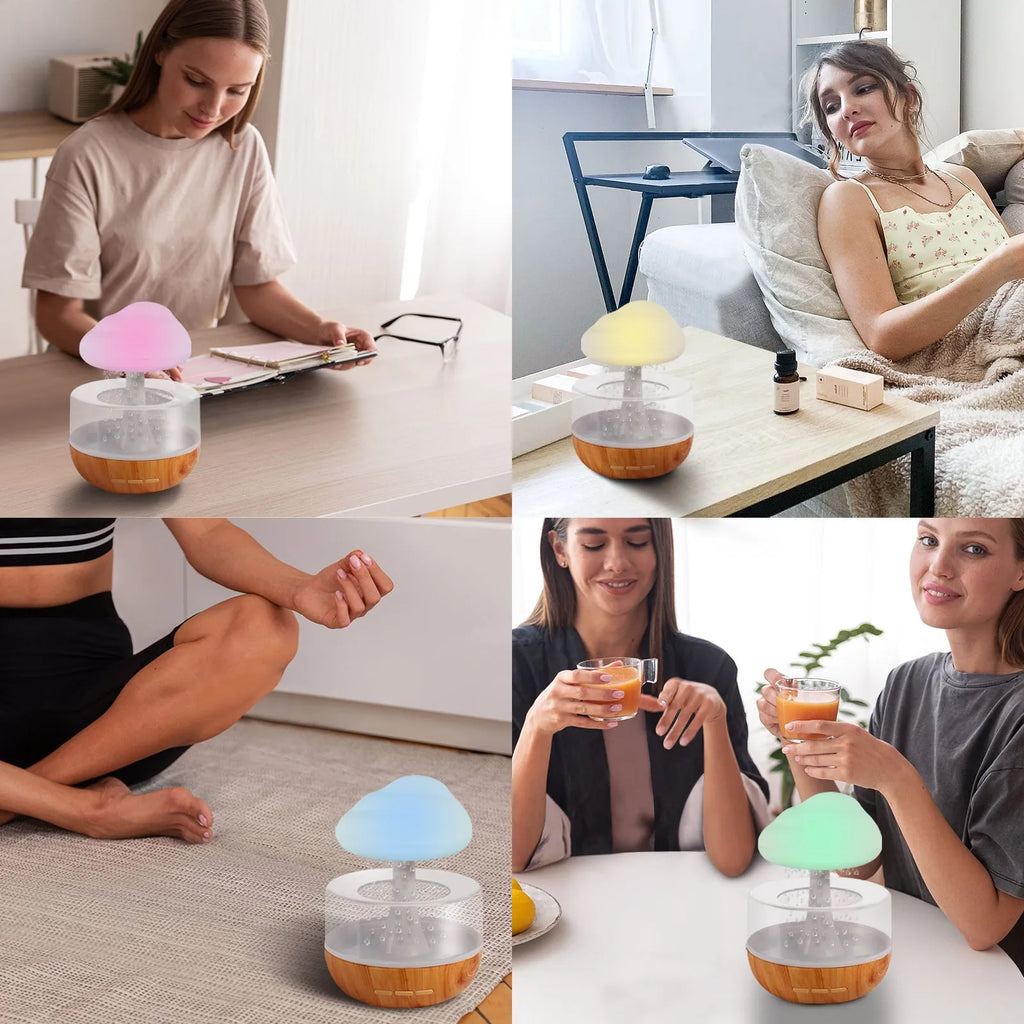White USB micro humidifier and aromatherapy diffuser with colourful night light on.