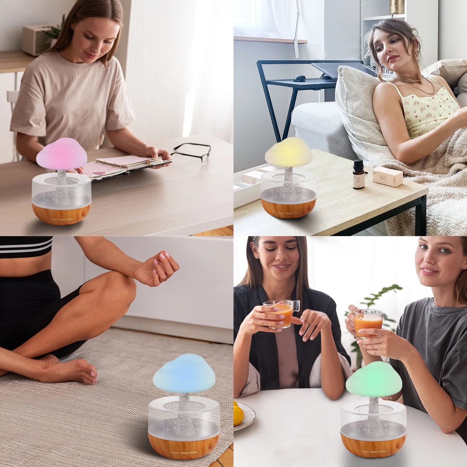 White USB micro humidifier and aromatherapy diffuser with colourful night light on.