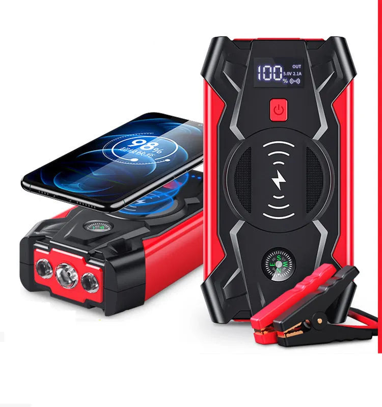 Red car emergency jump starter with digital display showing 39800W power and compact 190x90x45mm dimensions