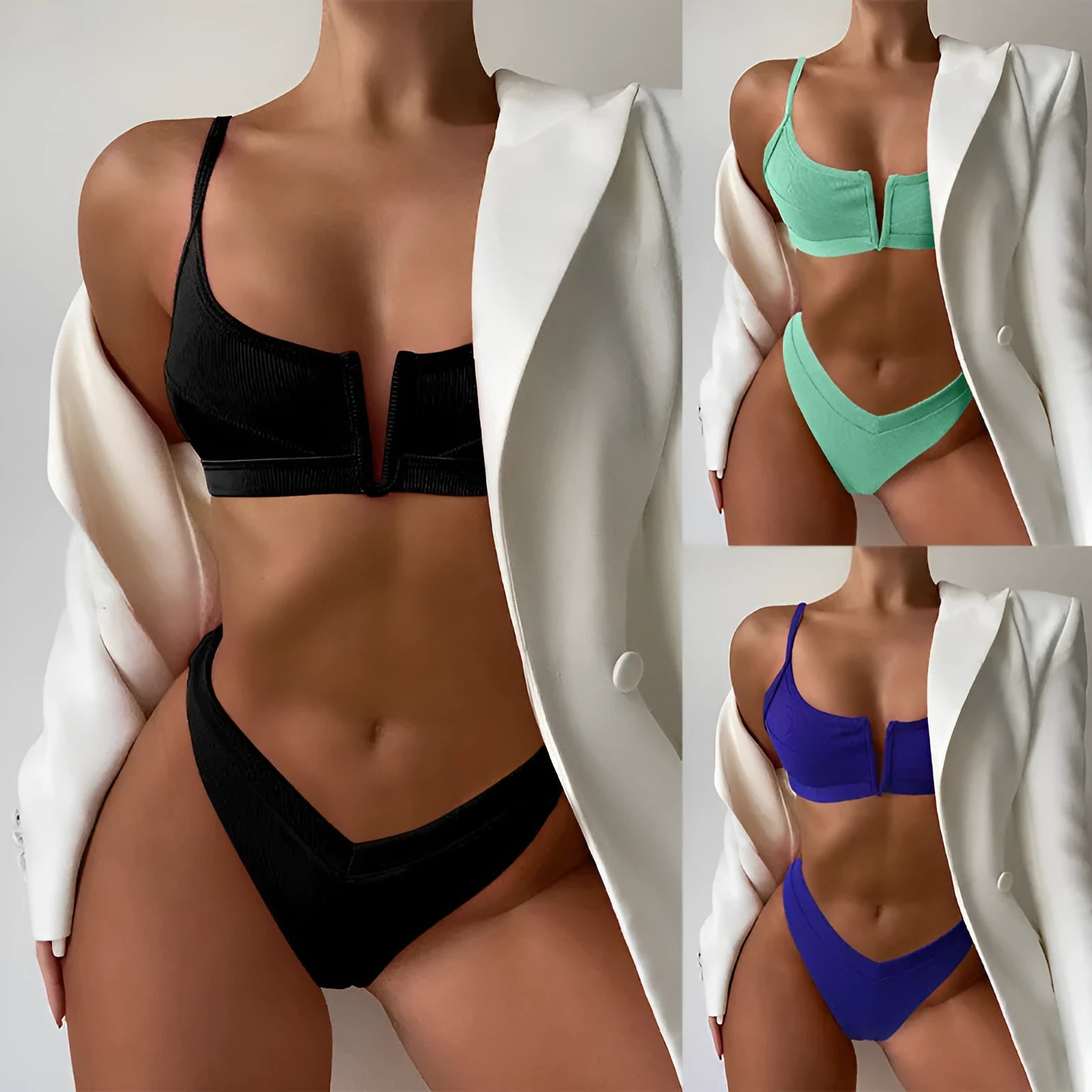 High waist triangle split swimsuit for women in army green colour made from polyester fabric with top and shorts set