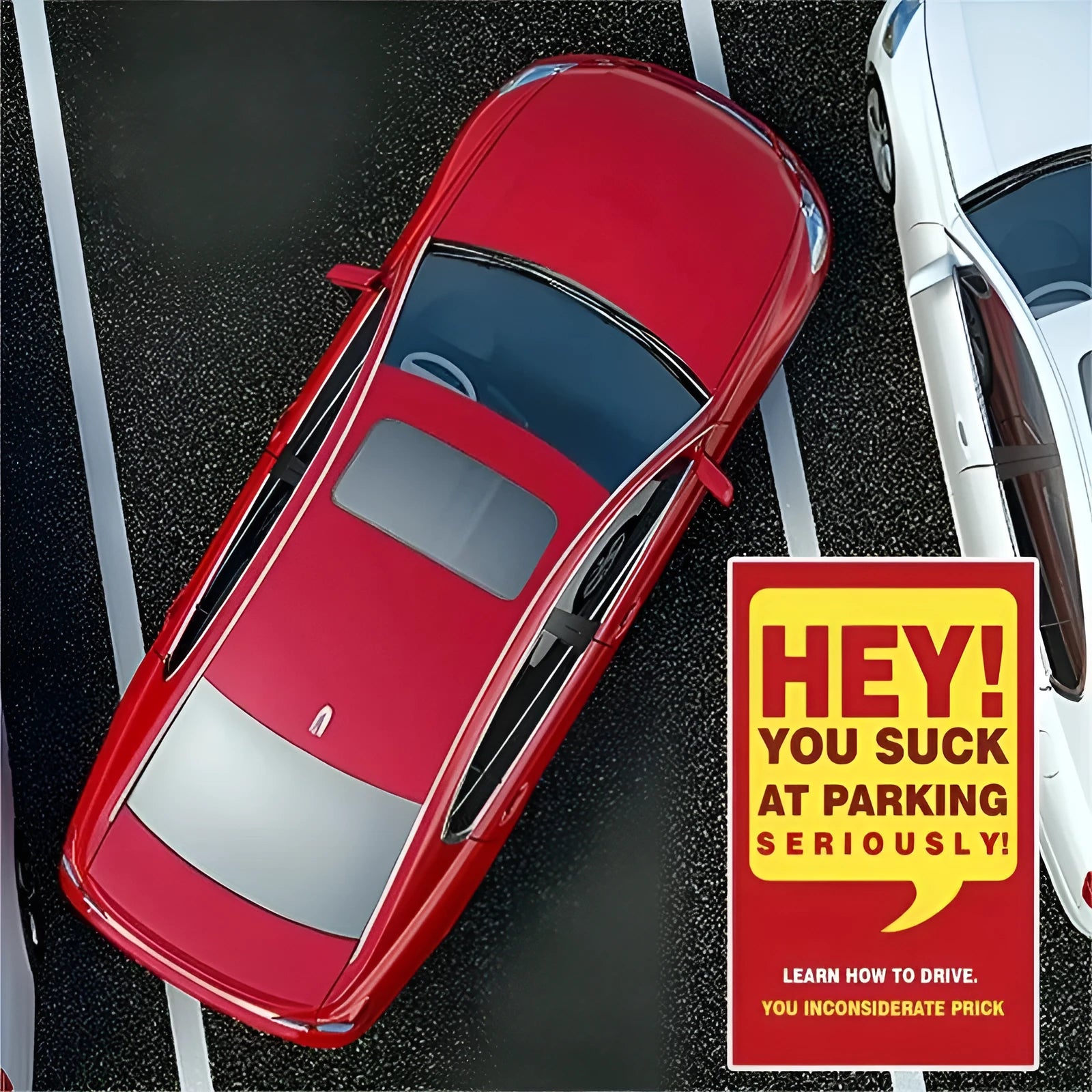 Red parking violation card reading You Park Like An Idiot on copperplate paper, pack of 50 sheets