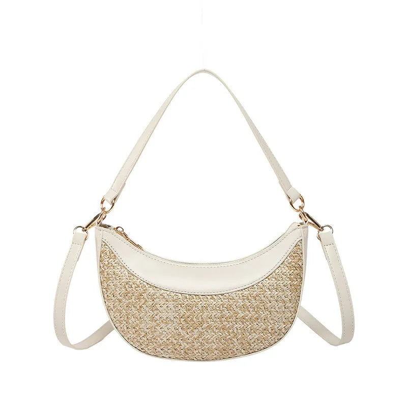 Straw crossbody dumpling bag with contrast stitching in black, brown, green, white colours for women leisure travel
