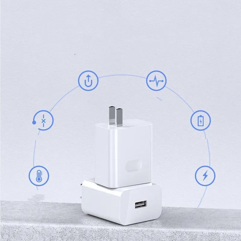 White 40W USB charger with QC3.0 and 5A fast charging cable for mobile phones on a plain background