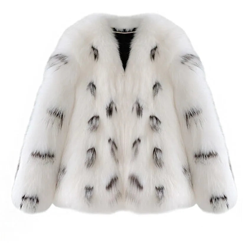Women's black and white raccoon print faux fur coat in Korean slim-fit style