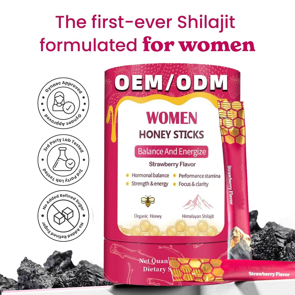 Bottle of 30 shilajit honey sticks with saffron for energy and immune support