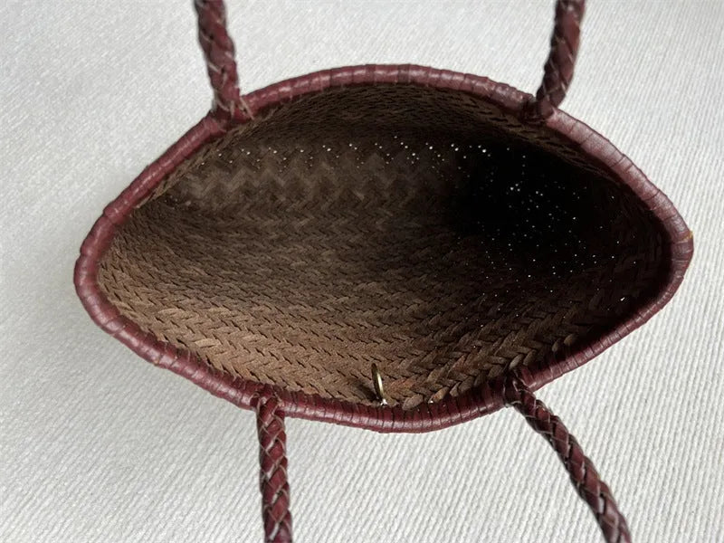 Handmade woven cowhide leather tote bag with three-dimensional pocket in brown colour
