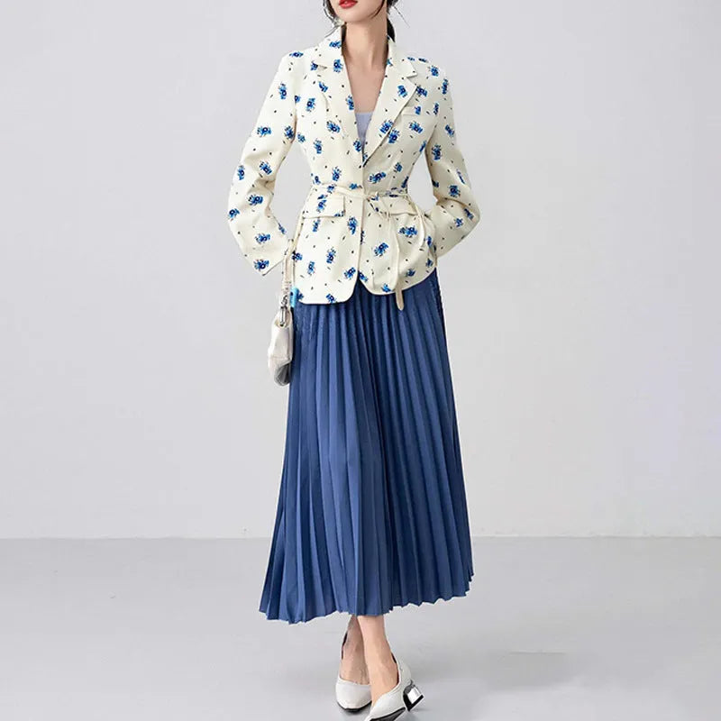 Women's collar lace-up waist-tight suit jacket in a floral print and solid colours.