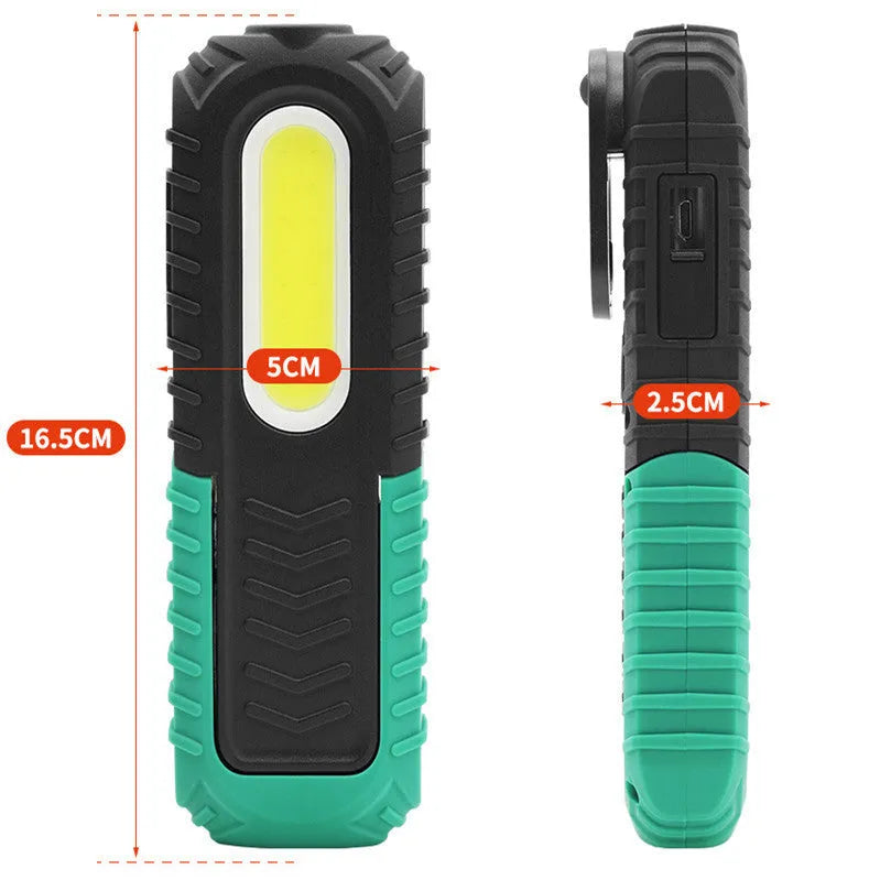 Black and green USB-charging auto repair work light with compact handheld design