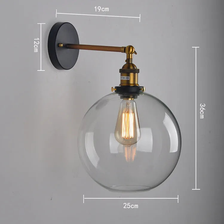 Round ball glass wall lamp in retro style with aluminium holder, 20cm diameter