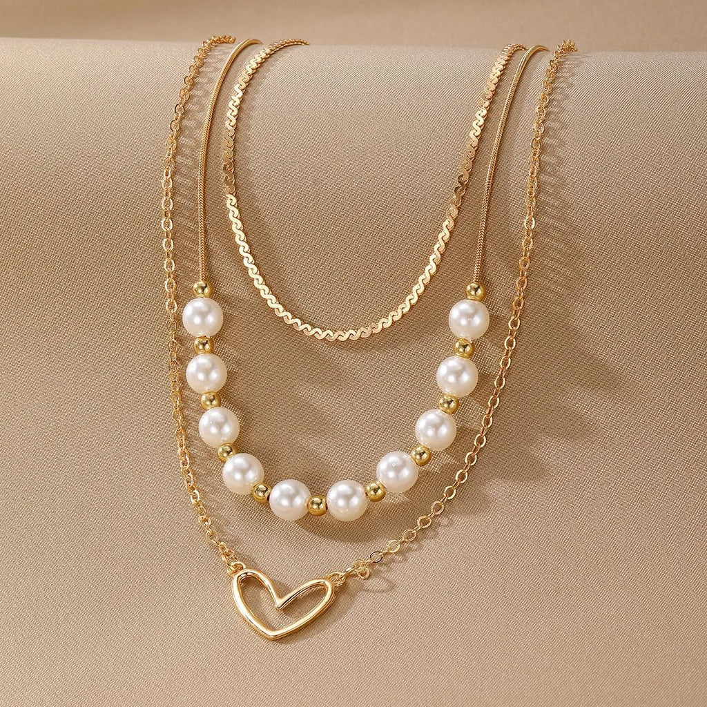 Vintage love heart pearl gold necklace with double-style design and adjustable chain