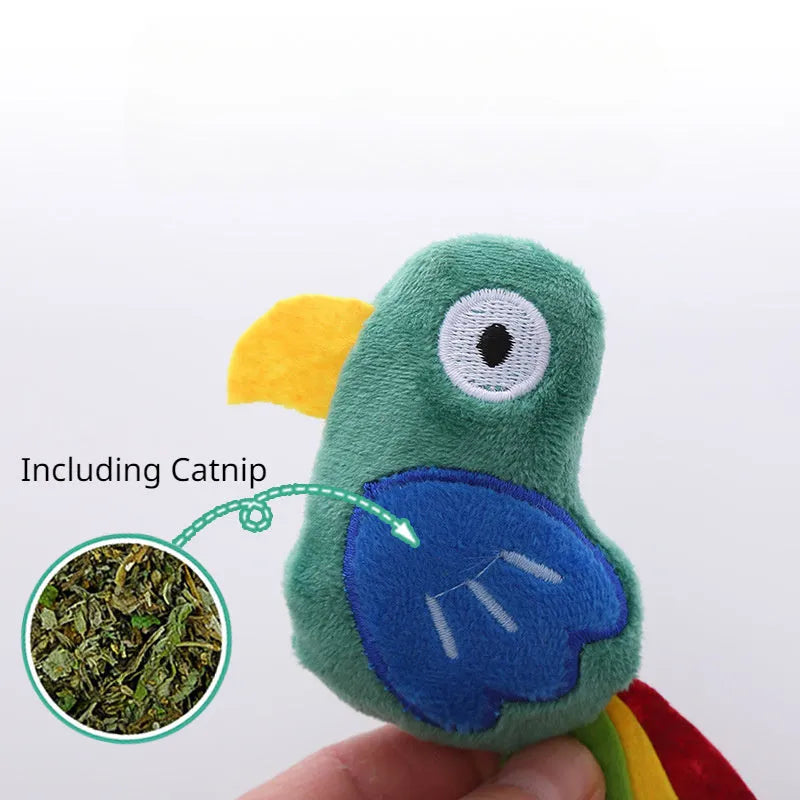 Parrot-shaped plush cat toy with catnip filling for interactive feline play
