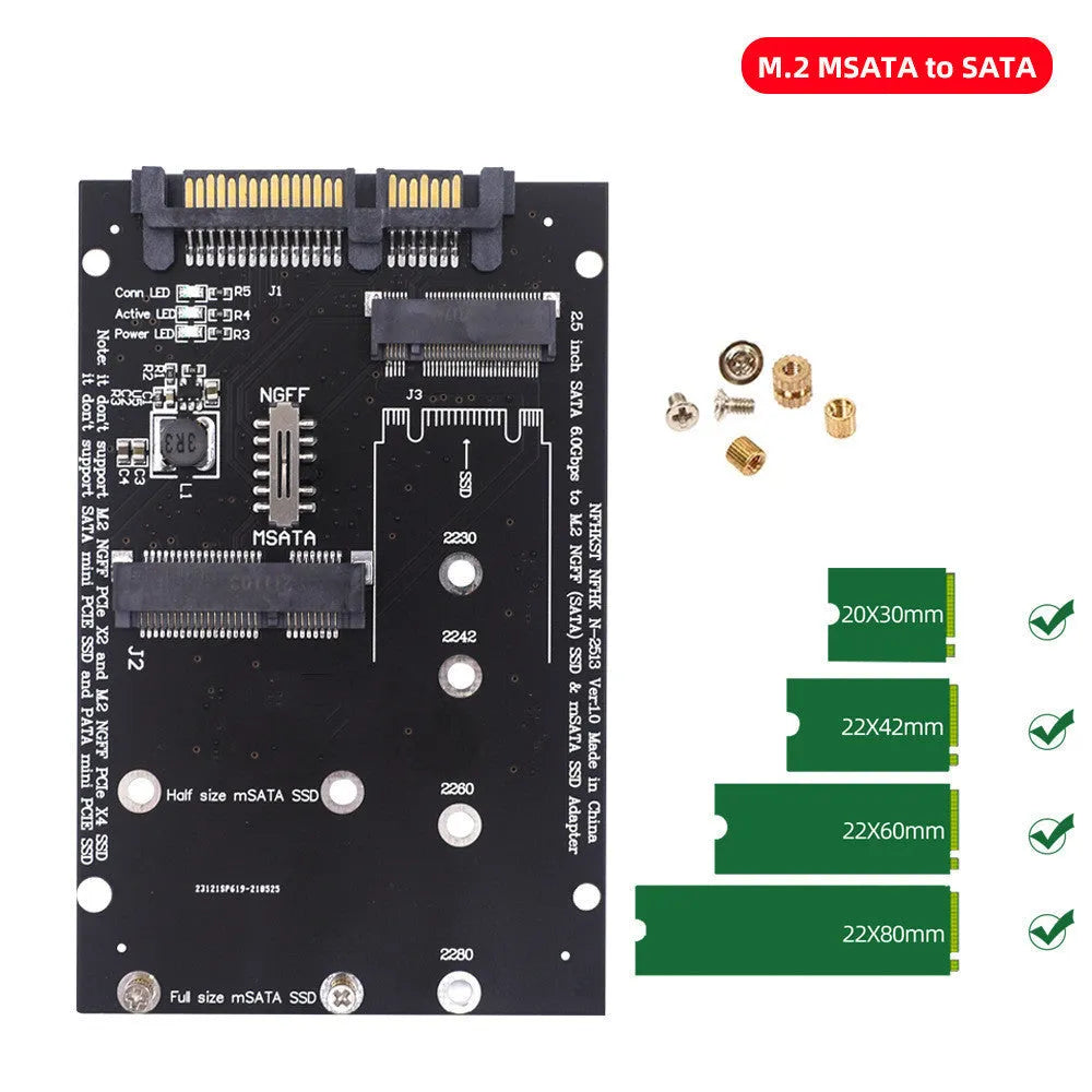 Black and blue SATA3 to M2 NGFF MSATA SSD conversion adapter card on a white background