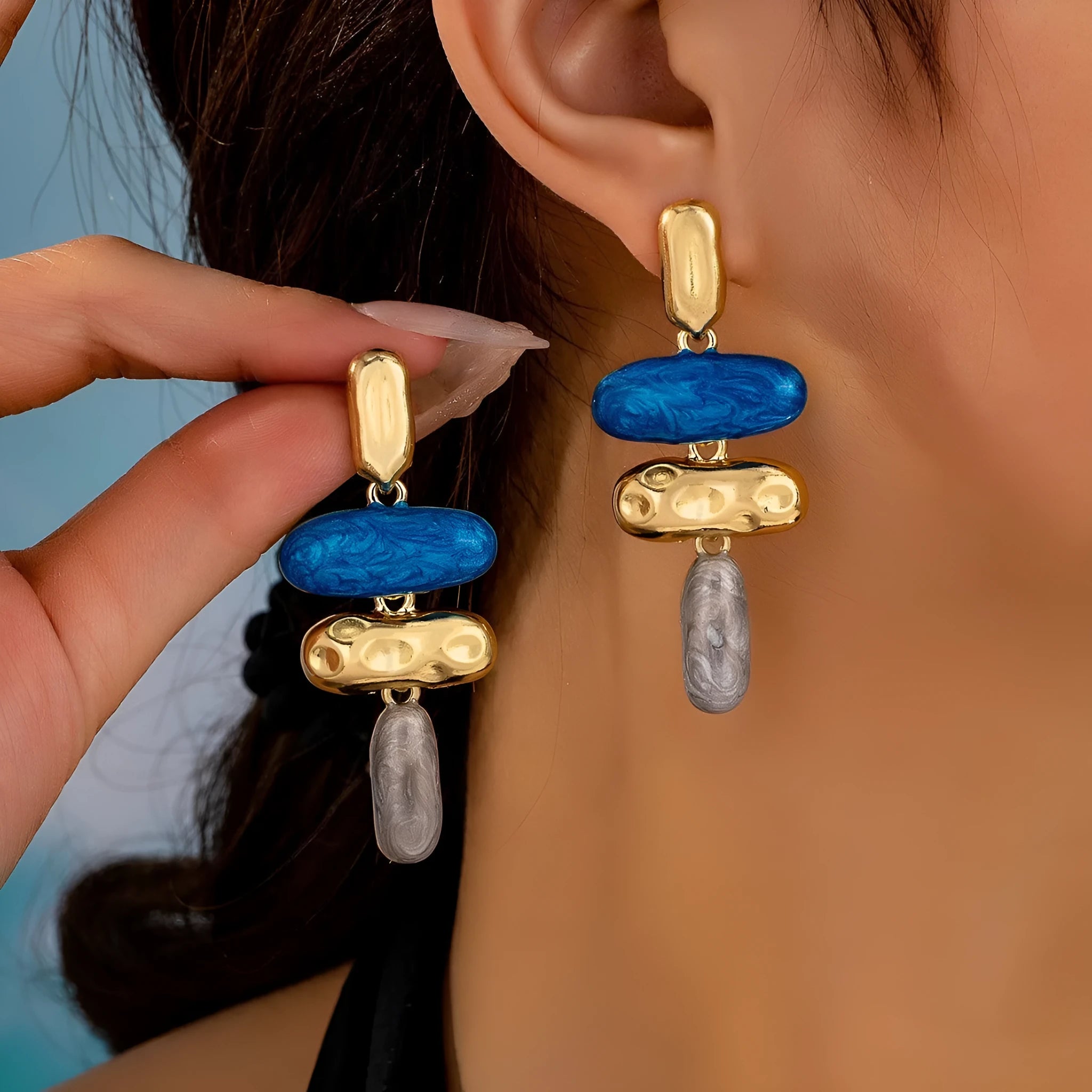 Geometric zinc alloy stud earrings with multicolour electroplated finish for women