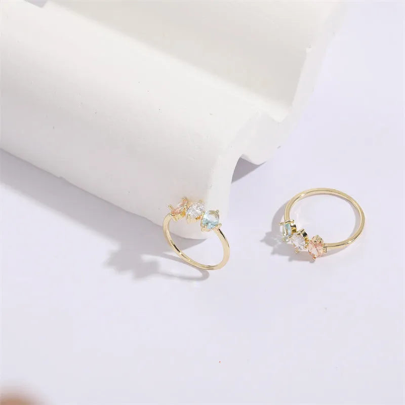 14k real gold tone tricolor zircon horse eye geometric triangle ring for women on copper base