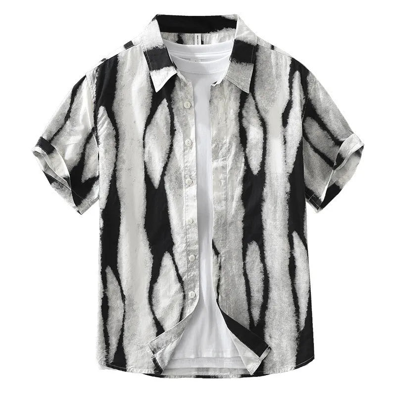 Men's black and brown striped short sleeve cotton shirt with loose cardigan-style fit