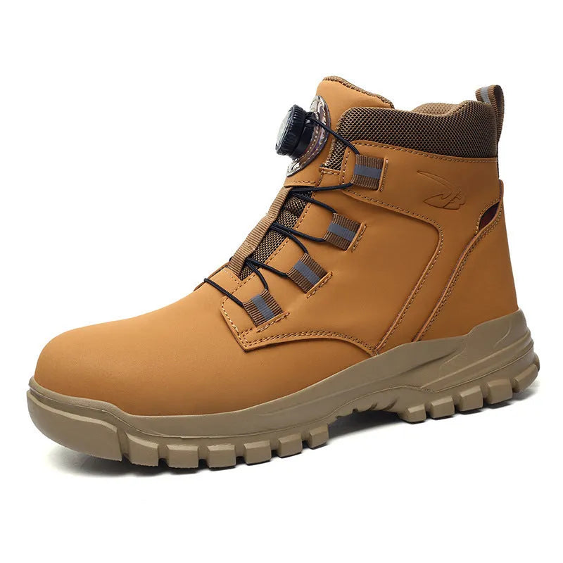 Leather upper and rubber sole lightweight safety shoes in black, yellow, and grey colour options.
