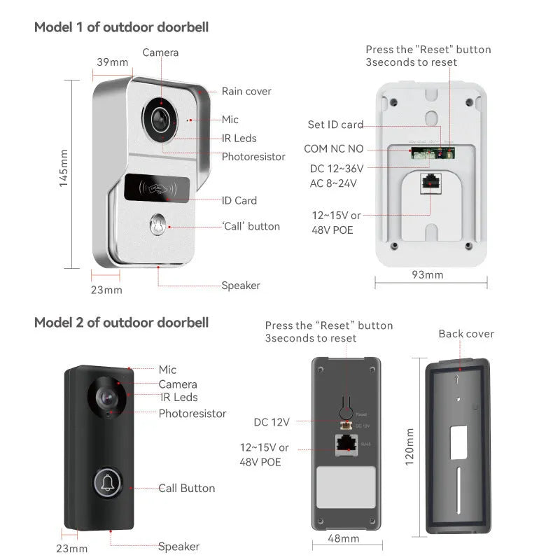 1080P video intercom doorbell system with colour HD camera and 7-inch or 10-inch display options