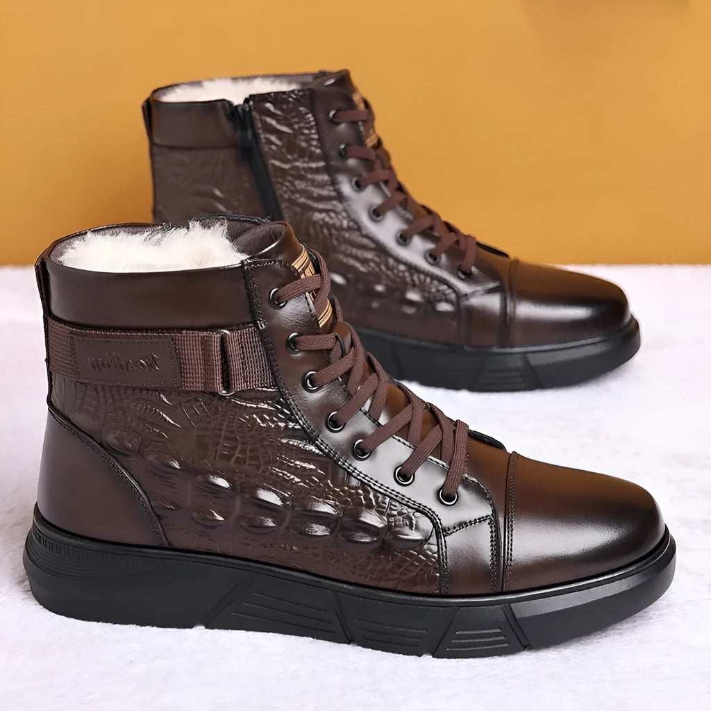 Fur-integrated winter boots in black and brown velvet styles with genuine leather upper and rubber sole