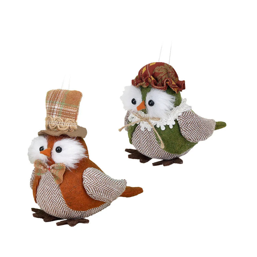 Green and orange polyester cloth owl harvest bird pendant ornament for Thanksgiving decoration.