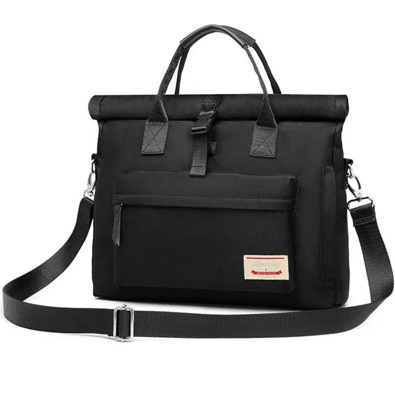 Shockproof laptop sleeve bag in black nylon showing medium and large size options